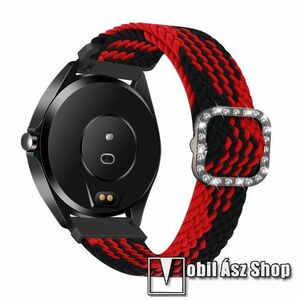 Okosóra szíj - fonott szövet, sztreccses, állítható, strasszköves csat - PIROS / FEKETE - 110-195mm hosszú, 22mm széles - SAMSUNG Galaxy Watch 46mm / Watch GT2 46mm / Watch GT 2e / Galaxy Watch3 45mm / Honor MagicWatch 2 46mm kép