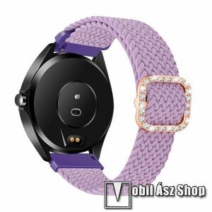 Okosóra szíj - fonott szövet, sztreccses, állítható, strasszköves csat - LILA - 110-195mm hosszú, 22mm széles - SAMSUNG Galaxy Watch 46mm / Watch GT2 46mm / Watch GT 2e / Galaxy Watch3 45mm / Honor MagicWatch 2 46mm kép