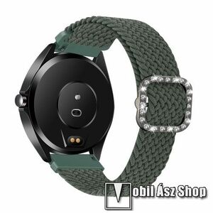 Okosóra szíj - fonott szövet, sztreccses, állítható, strasszköves csat - SÖTÉTZÖLD - 110-195mm hosszú, 22mm széles - SAMSUNG Galaxy Watch 46mm / Watch GT2 46mm / Watch GT 2e / Galaxy Watch3 45mm / Honor MagicWatch 2 46mm kép