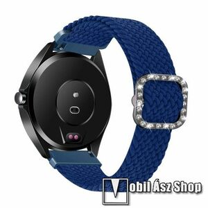Okosóra szíj - fonott szövet, sztreccses, állítható, strasszköves csat - SÖTÉTKÉK - 110-195mm hosszú, 22mm széles - SAMSUNG Galaxy Watch 46mm / Watch GT2 46mm / Watch GT 2e / Galaxy Watch3 45mm / Honor MagicWatch 2 46mm kép