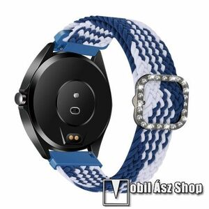 Okosóra szíj - fonott szövet, sztreccses, állítható, strasszköves csat - KÉK / FEHÉR - 110-195mm hosszú, 20mm széles - SAMSUNG Galaxy Watch 42mm / Xiaomi Amazfit GTS / Gear S2 / HUAWEI Watch GT 2 42mm / Watch Active / Active 2 / Watch4 kép