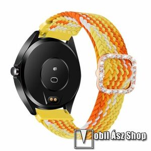 Okosóra szíj - fonott szövet, sztreccses, állítható, strasszköves csat - NARANCSSÁRGA / CITROMSSÁRGA - 110-195mm hosszú, 20mm széles - SAMSUNG Galaxy Watch 42mm / Xiaomi Amazfit GTS / Gear S2 / HUAWEI Watch GT 2 42mm / Watch Active / Active 2 / Watch4 kép
