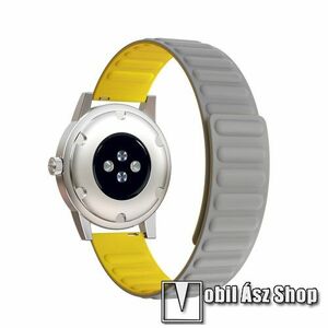 Okosóra szíj - rugalmas, szilikon, mágneses - SZÜRKE / CITROMSÁRGA - 90mm+130mm hosszú, 20mm széles - SAMSUNG Galaxy Watch 42mm / Xiaomi Amazfit GTS / Gear S2 / HUAWEI Watch GT 2 42mm / Watch Active / Active 2 / Watch4 kép