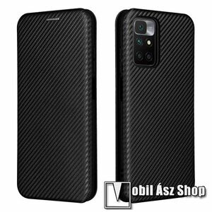 Notesz tok / flip tok - FEKETE - KARBON MINTÁS - asztali tartó funkciós, oldalra nyíló, rejtett mágneses záródás, bankkártyatartó zseb, szilikon belső - Xiaomi Redmi 10 / Redmi 10 Prime / Redmi 10 (2022) kép