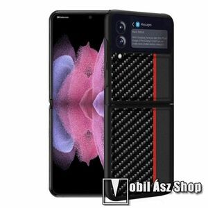 Műanyag védő tok / hátlap - PU bőrrel bevont - FEKETE / PIROS - KARBON MINTÁS - SAMSUNG Galaxy Z Flip3 5G kép