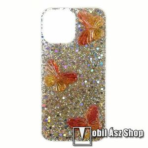 Szilikon védő tok / hátlap - csillogó flitterrel díszített - ARANY - 3D PILLANGÓ MINTÁS - APPLE iPhone 13 mini kép