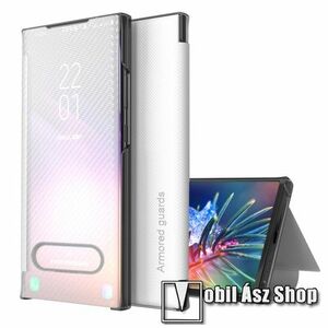 View Window ablakos notesz tok / flip tok - FEHÉR - KARBON MINTÁS - oldalra nyíló áttetsző flip cover, asztali tartó funkciós, műanyag belső - APPLE iPhone 13 Pro Max kép