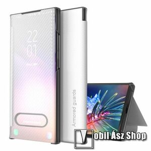 View Window ablakos notesz tok / flip tok - FEHÉR - KARBON MINTÁS - oldalra nyíló áttetsző flip cover, asztali tartó funkciós, műanyag belső - APPLE iPhone 13 Pro kép