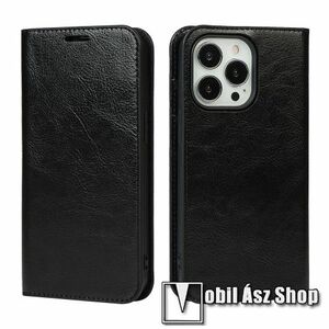 Notesz tok / flip tok - FEKETE - valódi bőr, asztali tartó funkciós, oldalra nyíló, rejtett mágneses záródás, bankkártyatartó zseb, szilikon belső - APPLE iPhone 13 Pro Max kép