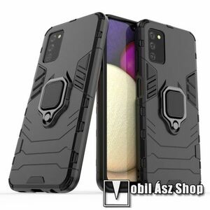 TRANSFORM PRO műanyag védő tok / hátlap - FEKETE - szilikon betétes, kitámasztható, fém ujjgyűrűvel, tapadófelület mágneses autós tartóhoz - ERŐS VÉDELEM! - SAMSUNG Galaxy A03s (SM-A037F) kép