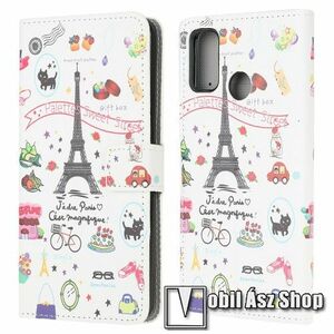 Notesz / mappa tok - EIFFEL TORONY MINTÁS - oldalra nyíló, rejtett mágneses záródás, bankkártyatartó zseb, asztali tartó funkció, szilikon belső - MOTOROLA Moto G10 / Moto G20 / Moto G30 kép