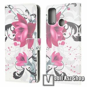 Notesz / mappa tok - LÓTUSZVIRÁG MINTÁS - oldalra nyíló, rejtett mágneses záródás, bankkártyatartó zseb, asztali tartó funkció, szilikon belső - MOTOROLA Moto G10 / Moto G20 / Moto G30 kép