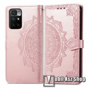 Notesz / mappa tok - GRAVÍROZOTT MANDALA MINTÁS - ROSE GOLD - oldalra nyíló, rejtett mágneses záródás, belső zseb, asztali tartó funkció, szilikon belső - Xiaomi Redmi 10 / Redmi 10 Prime / Redmi 10 (2022) kép