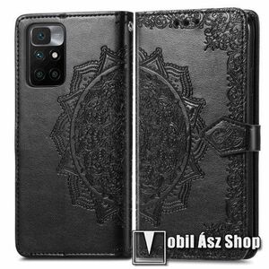 Notesz / mappa tok - GRAVÍROZOTT MANDALA MINTÁS - FEKETE - oldalra nyíló, rejtett mágneses záródás, belső zseb, asztali tartó funkció, szilikon belső - Xiaomi Redmi 10 / Redmi 10 Prime / Redmi 10 (2022) kép
