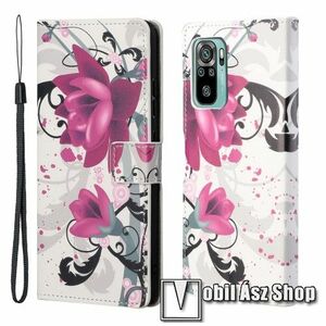 Notesz / mappa tok - LÓTUSZVIRÁG MINTÁS - oldalra nyíló, rejtett mágneses záródás, bankkártyatartó zsebek, asztali tartó funkció, szilikon belső - Xiaomi Redmi 10 / Redmi 10 Prime / Redmi 10 (2022) kép