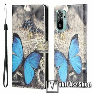 Notesz / mappa tok - KÉK PILLANGÓ MINTÁS - oldalra nyíló, rejtett mágneses záródás, bankkártyatartó zsebek, asztali tartó funkció, szilikon belső - Xiaomi Redmi 10 / Redmi 10 Prime / Redmi 10 (2022) kép