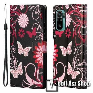 Notesz / mappa tok - VIRÁG / PILLANGÓ MINTÁS - oldalra nyíló, rejtett mágneses záródás, bankkártyatartó zsebek, asztali tartó funkció, szilikon belső - Xiaomi Redmi 10 / Redmi 10 Prime / Redmi 10 (2022) kép