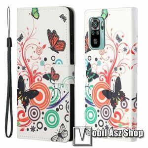 Notesz / mappa tok - VIRÁG / PILLANGÓ MINTÁS - oldalra nyíló, rejtett mágneses záródás, bankkártyatartó zsebek, asztali tartó funkció, szilikon belső - Xiaomi Redmi 10 / Redmi 10 Prime / Redmi 10 (2022) kép