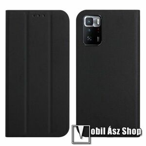 Notesz tok / flip tok - FEKETE - TRIFOLD asztali tartó funkciós, oldalra nyíló, rejtett mágneses záródás, bankkártyatartó zseb, szilikon belső - Xiaomi Poco X3 GT / Redmi Note 10 Pro 5G (For China Market) kép