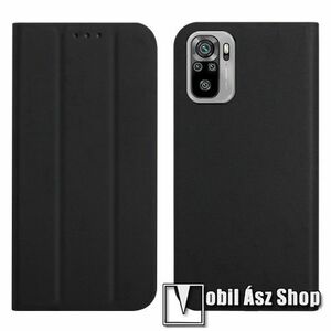 Notesz tok / flip tok - FEKETE - TRIFOLD asztali tartó funkciós, oldalra nyíló, rejtett mágneses záródás, bankkártyatartó zseb, szilikon belső - Xiaomi Redmi Note 10 / Note 10S / Poco M5s kép