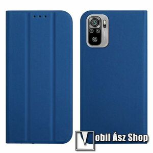 Notesz tok / flip tok - KÉK - TRIFOLD asztali tartó funkciós, oldalra nyíló, rejtett mágneses záródás, bankkártyatartó zseb, szilikon belső - Xiaomi Redmi Note 10 / Note 10S / Poco M5s kép