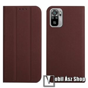 Notesz tok / flip tok - BARNA - TRIFOLD asztali tartó funkciós, oldalra nyíló, rejtett mágneses záródás, bankkártyatartó zseb, szilikon belső - Xiaomi Redmi Note 10 / Note 10S / Poco M5s kép