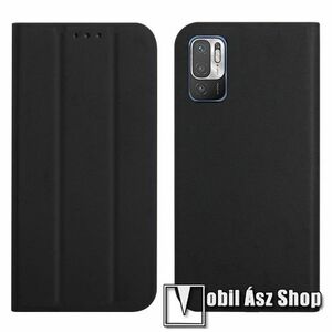 Notesz tok / flip tok - FEKETE - TRIFOLD asztali tartó funkciós, oldalra nyíló, rejtett mágneses záródás, bankkártyatartó zseb, szilikon belső - Xiaomi Redmi Note 10 5G / Redmi Note 10T 5G / Poco M3 Pro 5G kép