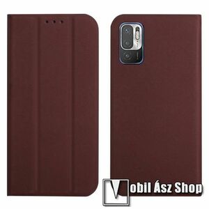 Notesz tok / flip tok - BARNA - TRIFOLD asztali tartó funkciós, oldalra nyíló, rejtett mágneses záródás, bankkártyatartó zseb, szilikon belső - Xiaomi Redmi Note 10 5G / Redmi Note 10T 5G / Poco M3 Pro 5G kép