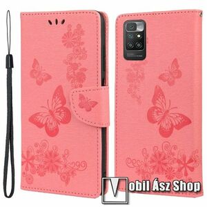 Notesz / mappa tok - GRAVÍROZOTT PILLANGÓ / VIRÁG MINTÁS - RÓZSASZÍN - oldalra nyíló, rejtett mágneses záródás, belső zseb, asztali tartó funkció, szilikon belső - Xiaomi Redmi 10 / Redmi 10 Prime / Redmi 10 (2022) kép