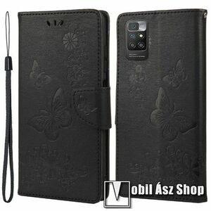 Notesz / mappa tok - GRAVÍROZOTT PILLANGÓ / VIRÁG MINTÁS - FEKETE - oldalra nyíló, rejtett mágneses záródás, belső zseb, asztali tartó funkció, szilikon belső - Xiaomi Redmi 10 / Redmi 10 Prime / Redmi 10 (2022) kép