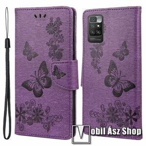 Notesz / mappa tok - GRAVÍROZOTT PILLANGÓ / VIRÁG MINTÁS - LILA - oldalra nyíló, rejtett mágneses záródás, belső zseb, asztali tartó funkció, szilikon belső - Xiaomi Redmi 10 / Redmi 10 Prime / Redmi 10 (2022) kép