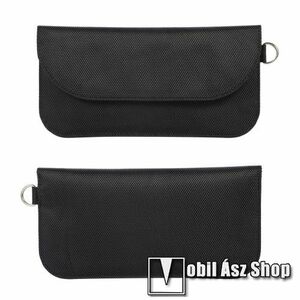 UNIVERZÁLIS Térerő blokkoló fekvő tok - PU bőr, RFID védelemmel, tépőzáras záródás, akasztható, dupla fakkos - 100 x 200mm - FEKETE kép