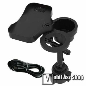 UNIVERZÁLIS autós / gépkocsi tartó - 68-98mm-es pohártartóba rögzíthető, 2x extra pohártartó hely, 360°-ban forgatható, állítható kar, Type-C port, QI vezetéknélküli funkció, fogadóegység nélkül! - FEKETE kép