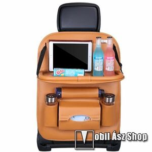 UNIVERZÁLIS Autóülésre rögzíthető több rekeszes tároló / Háttámlavédő - műbőr, könnyen felrögzíthető, cseppálló, 65 x 50cm - VILÁGOSBARNA kép