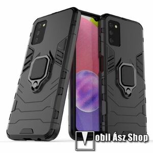 TRANSFORM PRO műanyag védő tok / hátlap - FEKETE - szilikon betétes, kitámasztható, fém ujjgyűrűvel, tapadófelület mágneses autós tartóhoz - ERŐS VÉDELEM! - SAMSUNG Galaxy A03s (SM-A037F) kép