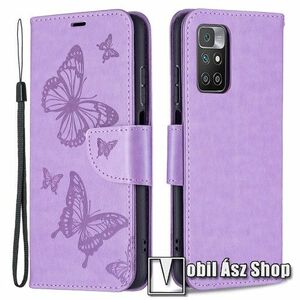 Notesz / mappa tok - GRAVÍROZOTT PILLANGÓ / VIRÁG MINTÁS - LILA - oldalra nyíló, rejtett mágneses záródás, belső zseb, asztali tartó funkció, szilikon belső - Xiaomi Redmi 10 / Redmi 10 Prime / Redmi 10 (2022) kép