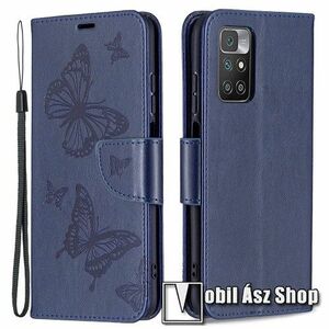 Notesz / mappa tok - GRAVÍROZOTT PILLANGÓ / VIRÁG MINTÁS - SÖTÉTKÉK - oldalra nyíló, rejtett mágneses záródás, belső zseb, asztali tartó funkció, szilikon belső - Xiaomi Redmi 10 / Redmi 10 Prime / Redmi 10 (2022) kép