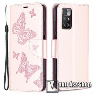 Notesz / mappa tok - GRAVÍROZOTT PILLANGÓ / VIRÁG MINTÁS - ROSE GOLD - oldalra nyíló, rejtett mágneses záródás, belső zseb, asztali tartó funkció, szilikon belső - Xiaomi Redmi 10 / Redmi 10 Prime / Redmi 10 (2022) kép