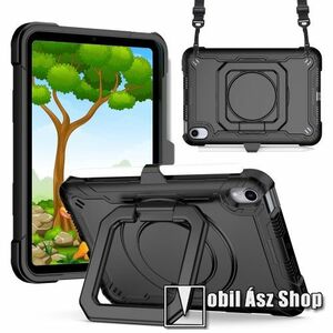 Műanyag védő tok / hátlap - 3 rétegből áll, szilikon betétes, kitámasztható, 360°-ban elforgatható 180°-ban dönthető fogantyú, ceruzatartó, állítható vállpánt hevederrel - ERŐS VÉDELEM! - FEKETE - Apple iPad mini 2024, 2021 kép