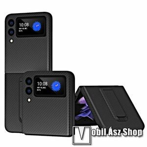 Műanyag védő tok / hátlap - FEKETE - KARBON MINTÁS - PU bőrrel bevont, kitámasztó, asztali tartó funkció - SAMSUNG Galaxy Z Flip3 5G kép