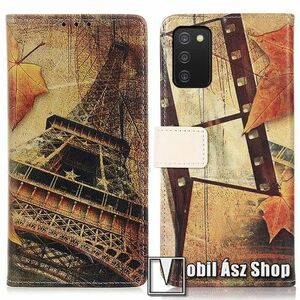 Notesz / mappa tok - EIFFEL TORONY MINTÁS - oldalra nyíló, rejtett mágneses záródás, bankkártyatartó zseb, asztali tartó funkció, szilikon belső - SAMSUNG Galaxy A03s (SM-A037F) kép