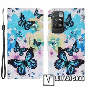 Notesz / mappa tok - KÉK PILLANGÓ MINTÁS - oldalra nyíló, rejtett mágneses záródás, bankkártyatartó zsebek, asztali tartó funkció, szilikon belső - Xiaomi Redmi 10 / Redmi 10 Prime / Redmi 10 (2022) kép