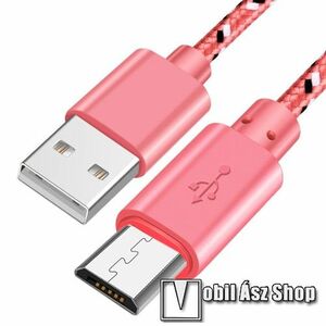 Adatátviteli kábel / USB töltő - microUSB, 2m hosszú, 2A, 10W, szövettel bevont - RÓZSASZÍN kép