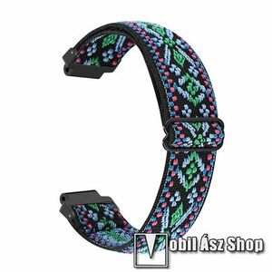 Okosóra szíj - fonott szövet, sztreccses, állítható, csatos - ZÖLD HÍMZETT MINTÁS - 160mm hosszú, csavarhúzóval - Garmin Forerunner 220/225/230/235/630/620/735/735XT/Approach S20/S6/S5 kép