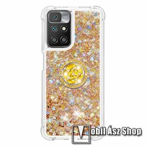 Szilikon védő tok / hátlap - csillogó, liquid folyadék, kitámasztható, fém ujjgyűrűvel, strasszkővel díszített, erősített sarkok - ARANY - Xiaomi Redmi 10 / Redmi 10 Prime / Redmi 10 (2022) kép