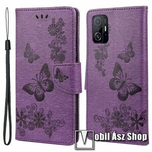 Notesz / mappa tok - GRAVÍROZOTT PILLANGÓ / VIRÁG MINTÁS - LILA - oldalra nyíló, rejtett mágneses záródás, belső zseb, asztali tartó funkció, szilikon belső - Xiaomi 11T / 11T Pro kép