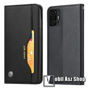 Notesz tok / flip tok - FEKETE - asztali tartó funkciós, oldalra nyíló, rejtett mágneses záródás, külső és belső bankkártyatartó zseb, szilikon belső - Xiaomi 11T / 11T Pro kép