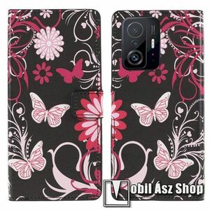 Notesz / mappa tok - VIRÁG / PILLANGÓ MINTÁS - oldalra nyíló, rejtett mágneses záródás, bankkártyatartó zseb, asztali tartó funkció, szilikon belső - Xiaomi 11T / 11T Pro kép