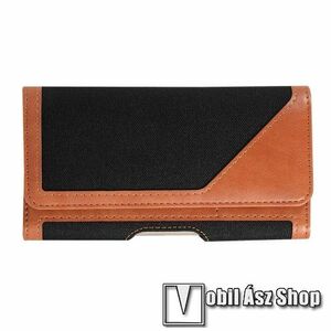 UNIVERZÁLIS fekvő tok - PU bőr / szövet, mágneses záródás, övre fűzhető, övcsipesz, gumis, bankkártyatartó zsebek - 164 x 80 x 14mm - FARMER MINTÁS - FEKETE kép