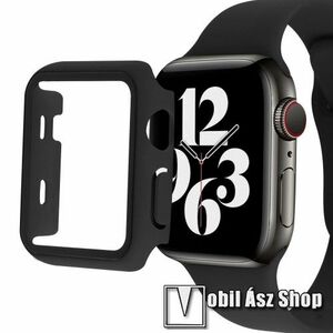 Okosóra szilikon szíj és műanyag védő keret - 208mm hosszú, 9H edzett üveg előlap védő is! - FEKETE - APPLE Watch Series 7 (41mm) / Series 8 (41mm) / Series 9 (41mm) kép